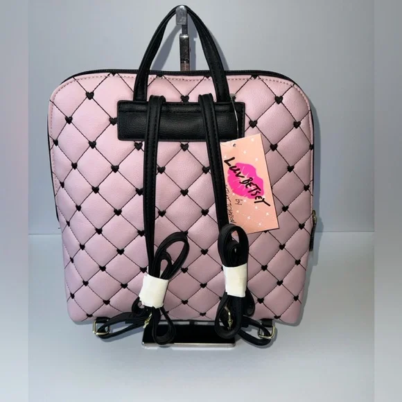 NWT Luv Betsey by Betsey Johnson Pink Quilted Backpack with Black Hearts - Picture 2 of 12
